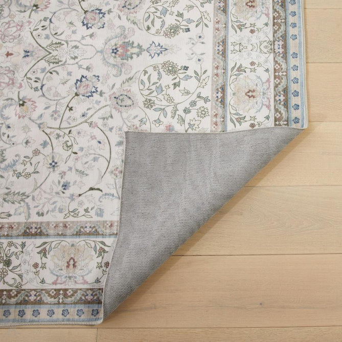 Washable Liberty LIB202 Traditional Distressed Floral Medallion Border Easy-Care Soft Smooth Velvet Touch Polyester Short Pile Flatweave Ivory/Pastel Blue/Soft Pink/Sage/Taupe/Lilac/Charcoal Rug-Concept Looms-Rug Love - The Most Loved Rug Store