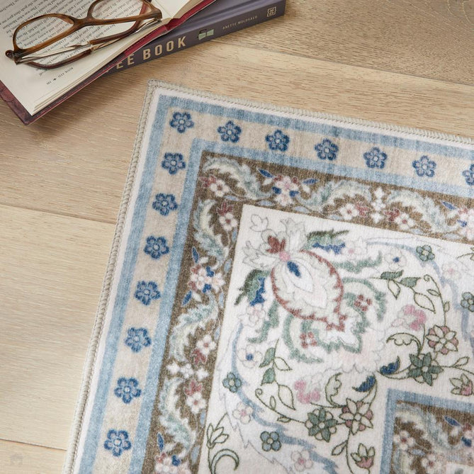 Washable Liberty LIB202 Traditional Distressed Floral Medallion Border Easy-Care Soft Smooth Velvet Touch Polyester Short Pile Flatweave Ivory/Pastel Blue/Soft Pink/Sage/Taupe/Lilac/Charcoal Rug-Concept Looms-Rug Love - The Most Loved Rug Store
