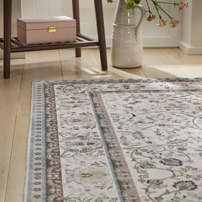Washable Liberty LIB202 Traditional Distressed Floral Medallion Border Easy-Care Soft Smooth Velvet Touch Polyester Short Pile Flatweave Ivory/Pastel Blue/Soft Pink/Sage/Taupe/Lilac/Charcoal Rug-Concept Looms-Rug Love - The Most Loved Rug Store