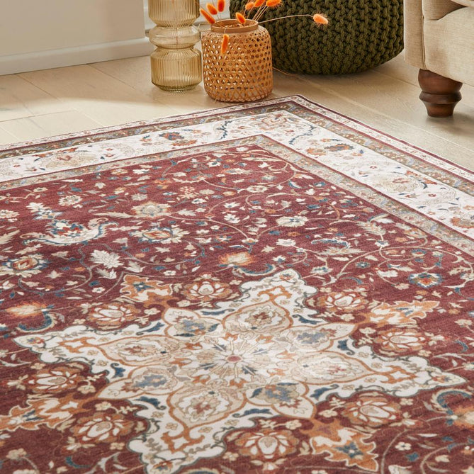 Washable Liberty LIB203 Traditional Distressed Floral Medallion Border Easy-Care Soft Smooth Velvet Touch Polyester Short Pile Flatweave Deep Burgundy/Ivory/Burnt Orange/Muted Blue/Olive/Beige Rug-Concept Looms-Rug Love - The Most Loved Rug Store