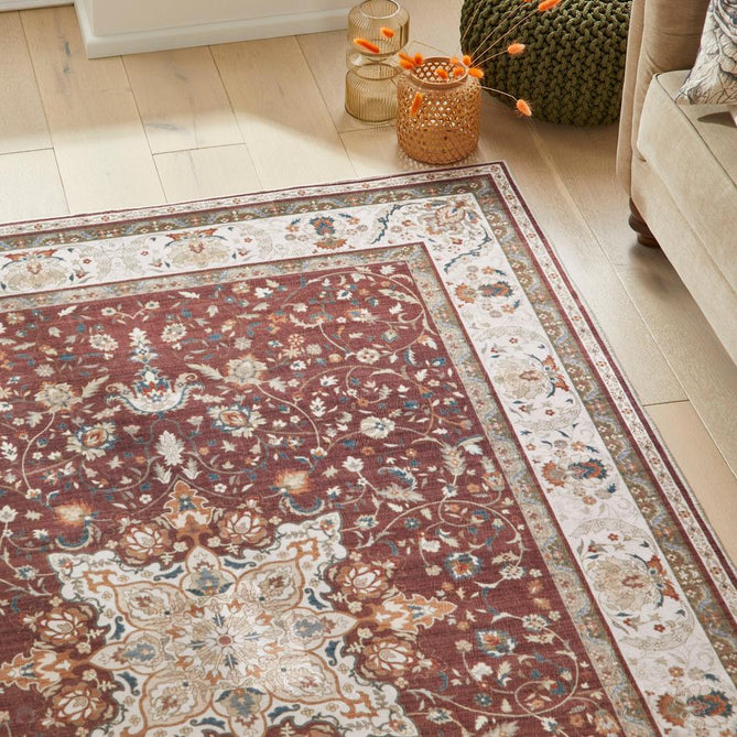 Washable Liberty LIB203 Traditional Distressed Floral Medallion Border Easy-Care Soft Smooth Velvet Touch Polyester Short Pile Flatweave Deep Burgundy/Ivory/Burnt Orange/Muted Blue/Olive/Beige Rug-Concept Looms-Rug Love - The Most Loved Rug Store