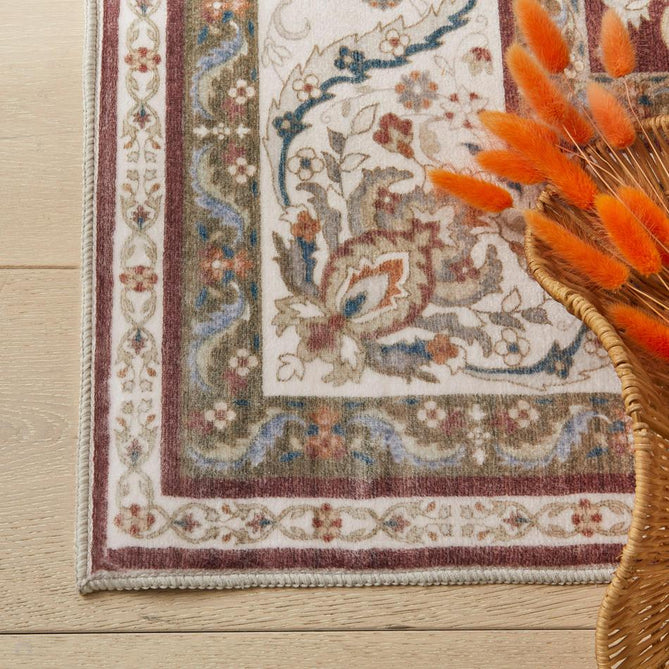 Washable Liberty LIB203 Traditional Distressed Floral Medallion Border Easy-Care Soft Smooth Velvet Touch Polyester Short Pile Flatweave Deep Burgundy/Ivory/Burnt Orange/Muted Blue/Olive/Beige Rug-Concept Looms-Rug Love - The Most Loved Rug Store