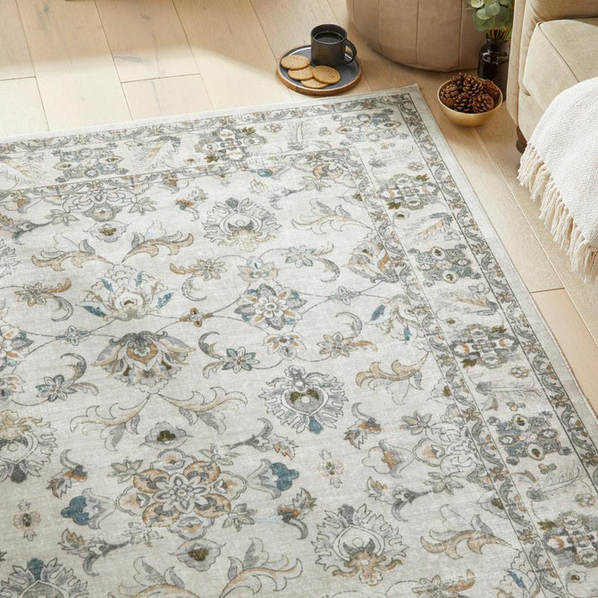 Washable Liberty LIB204 Traditional Distressed Floral Medallion Border Easy-Care Soft Smooth Velvet Touch Polyester Short Pile Flatweave Taupe/Ivory/Charcoal/Olive/Muted Blue/Rust Brown Rug-Concept Looms-Rug Love - The Most Loved Rug Store
