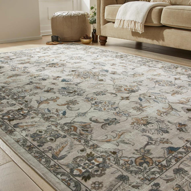 Washable Liberty LIB204 Traditional Distressed Floral Medallion Border Easy-Care Soft Smooth Velvet Touch Polyester Short Pile Flatweave Taupe/Ivory/Charcoal/Olive/Muted Blue/Rust Brown Rug-Concept Looms-Rug Love - The Most Loved Rug Store