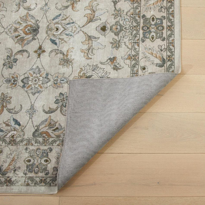 Washable Liberty LIB204 Traditional Distressed Floral Medallion Border Easy-Care Soft Smooth Velvet Touch Polyester Short Pile Flatweave Taupe/Ivory/Charcoal/Olive/Muted Blue/Rust Brown Rug-Concept Looms-Rug Love - The Most Loved Rug Store