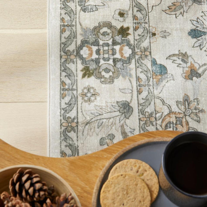 Washable Liberty LIB204 Traditional Distressed Floral Medallion Border Easy-Care Soft Smooth Velvet Touch Polyester Short Pile Flatweave Taupe/Ivory/Charcoal/Olive/Muted Blue/Rust Brown Rug-Concept Looms-Rug Love - The Most Loved Rug Store