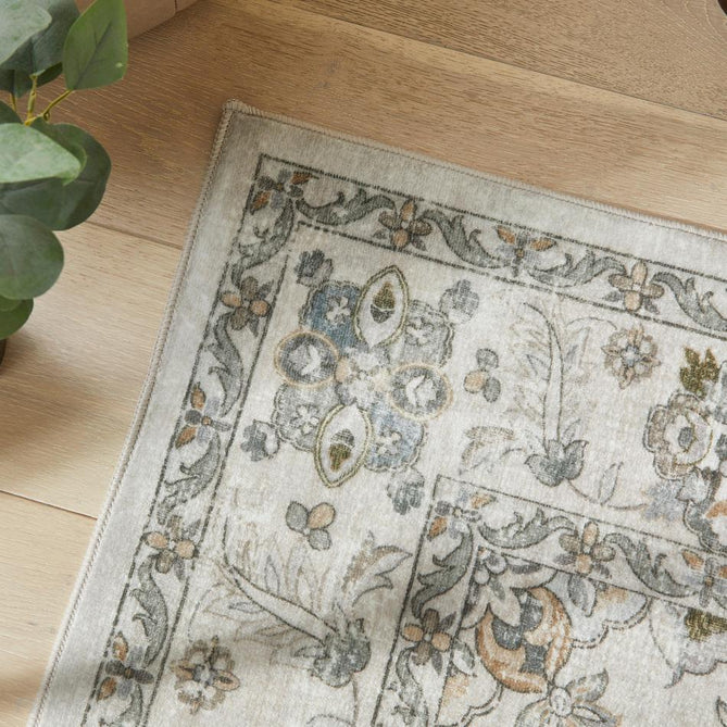 Washable Liberty LIB204 Traditional Distressed Floral Medallion Border Easy-Care Soft Smooth Velvet Touch Polyester Short Pile Flatweave Taupe/Ivory/Charcoal/Olive/Muted Blue/Rust Brown Rug-Concept Looms-Rug Love - The Most Loved Rug Store