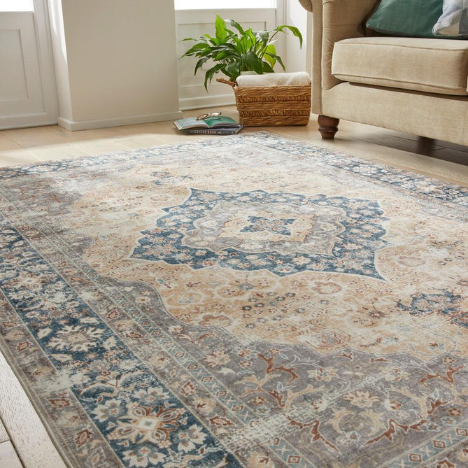 Washable Liberty LIB205 Traditional Distressed Floral Medallion Border Easy-Care Soft Smooth Velvet Touch Polyester Short Pile Flatweave Ivory/Gold/Blue/Taupe/Rust Brown/Soft Grey Rug-Concept Looms-Rug Love - The Most Loved Rug Store