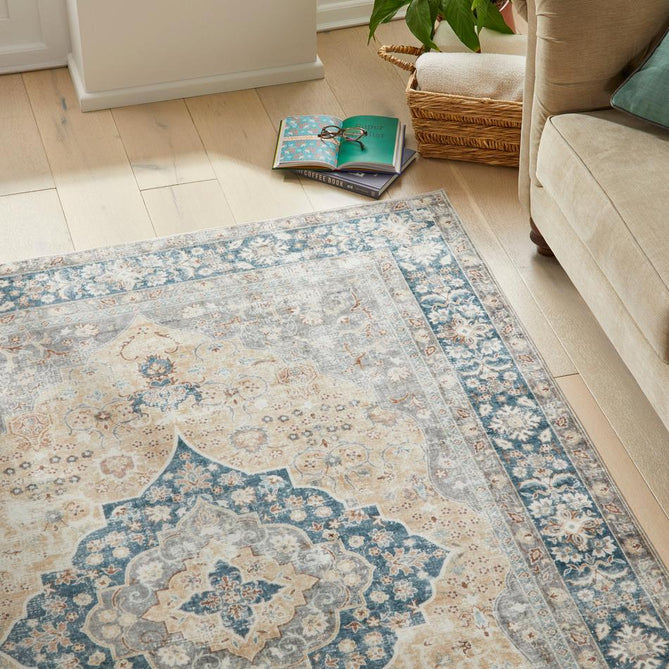 Washable Liberty LIB205 Traditional Distressed Floral Medallion Border Easy-Care Soft Smooth Velvet Touch Polyester Short Pile Flatweave Ivory/Gold/Blue/Taupe/Rust Brown/Soft Grey Rug-Concept Looms-Rug Love - The Most Loved Rug Store