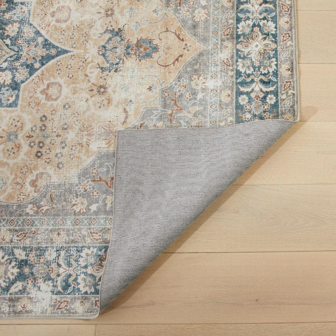 Washable Liberty LIB205 Traditional Distressed Floral Medallion Border Easy-Care Soft Smooth Velvet Touch Polyester Short Pile Flatweave Ivory/Gold/Blue/Taupe/Rust Brown/Soft Grey Rug-Concept Looms-Rug Love - The Most Loved Rug Store