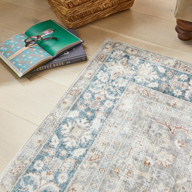 Washable Liberty LIB205 Traditional Distressed Floral Medallion Border Easy-Care Soft Smooth Velvet Touch Polyester Short Pile Flatweave Ivory/Gold/Blue/Taupe/Rust Brown/Soft Grey Rug-Concept Looms-Rug Love - The Most Loved Rug Store