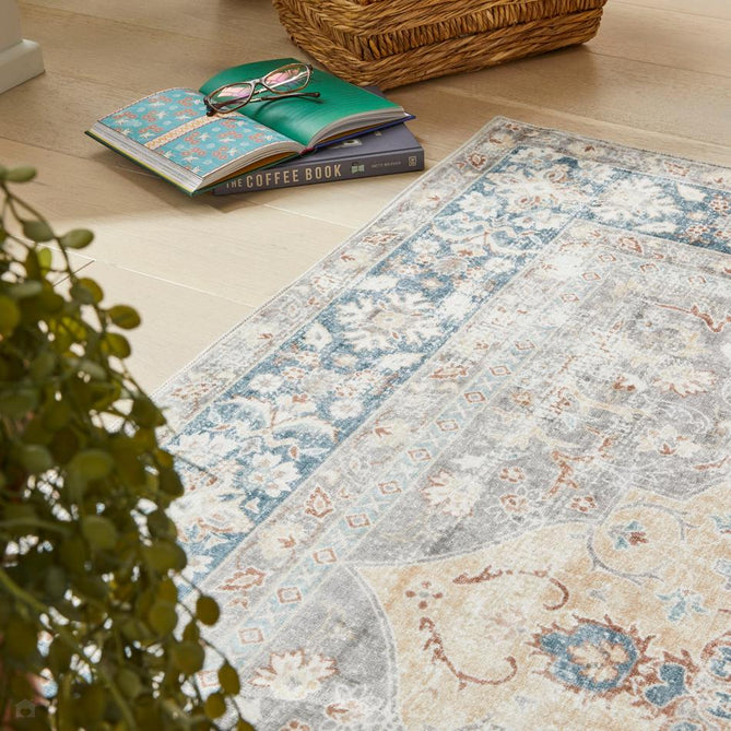 Washable Liberty LIB205 Traditional Distressed Floral Medallion Border Easy-Care Soft Smooth Velvet Touch Polyester Short Pile Flatweave Ivory/Gold/Blue/Taupe/Rust Brown/Soft Grey Rug-Concept Looms-Rug Love - The Most Loved Rug Store