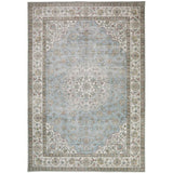 Washable Liberty LIB206 Traditional Distressed Floral Medallion Border Easy-Care Soft Smooth Velvet Touch Polyester Short Pile Flatweave Light Blue Rug
