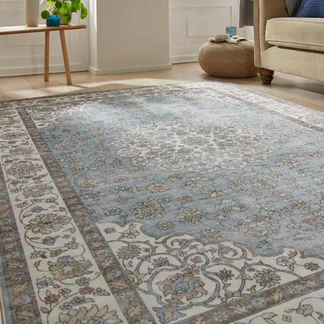 Washable Liberty LIB206 Traditional Distressed Floral Medallion Border Easy-Care Soft Smooth Velvet Touch Polyester Short Pile Flatweave Light Blue/Ivory/Grey/Taupe/Sage/Soft Pink Rug-Concept Looms-Rug Love - The Most Loved Rug Store