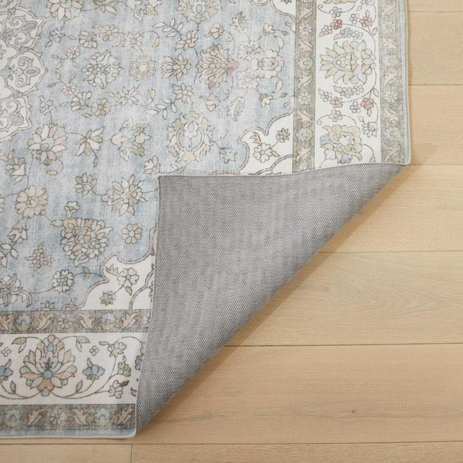 Washable Liberty LIB206 Traditional Distressed Floral Medallion Border Easy-Care Soft Smooth Velvet Touch Polyester Short Pile Flatweave Light Blue/Ivory/Grey/Taupe/Sage/Soft Pink Rug-Concept Looms-Rug Love - The Most Loved Rug Store