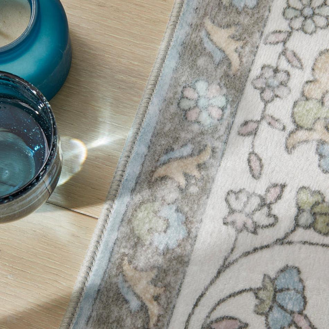 Washable Liberty LIB206 Traditional Distressed Floral Medallion Border Easy-Care Soft Smooth Velvet Touch Polyester Short Pile Flatweave Light Blue/Ivory/Grey/Taupe/Sage/Soft Pink Rug-Concept Looms-Rug Love - The Most Loved Rug Store