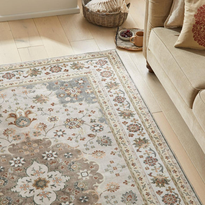 Washable Liberty LIB207 Traditional Distressed Floral Medallion Border Easy-Care Soft Smooth Velvet Touch Polyester Short Pile Flatweave Mocha/Taupe Grey/Cream/Burnt Orange/Muted Green/Rust Red/Light Blue-Grey Rug-Concept Looms-Rug Love - The Most Loved Rug Store