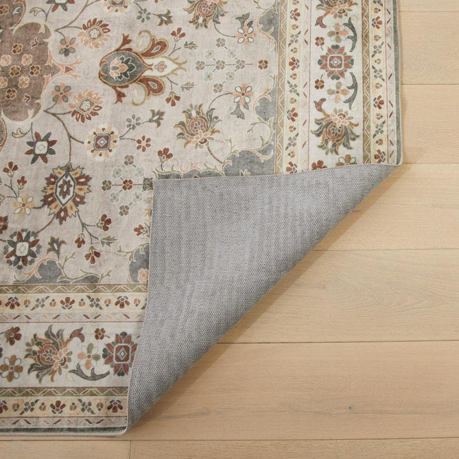 Washable Liberty LIB207 Traditional Distressed Floral Medallion Border Easy-Care Soft Smooth Velvet Touch Polyester Short Pile Flatweave Mocha/Taupe Grey/Cream/Burnt Orange/Muted Green/Rust Red/Light Blue-Grey Rug-Concept Looms-Rug Love - The Most Loved Rug Store