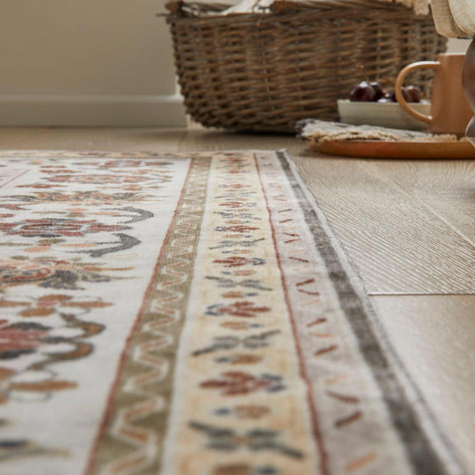 Washable Liberty LIB207 Traditional Distressed Floral Medallion Border Easy-Care Soft Smooth Velvet Touch Polyester Short Pile Flatweave Mocha/Taupe Grey/Cream/Burnt Orange/Muted Green/Rust Red/Light Blue-Grey Rug-Concept Looms-Rug Love - The Most Loved Rug Store