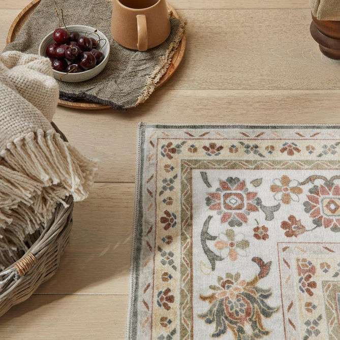 Washable Liberty LIB207 Traditional Distressed Floral Medallion Border Easy-Care Soft Smooth Velvet Touch Polyester Short Pile Flatweave Mocha/Taupe Grey/Cream/Burnt Orange/Muted Green/Rust Red/Light Blue-Grey Rug-Concept Looms-Rug Love - The Most Loved Rug Store