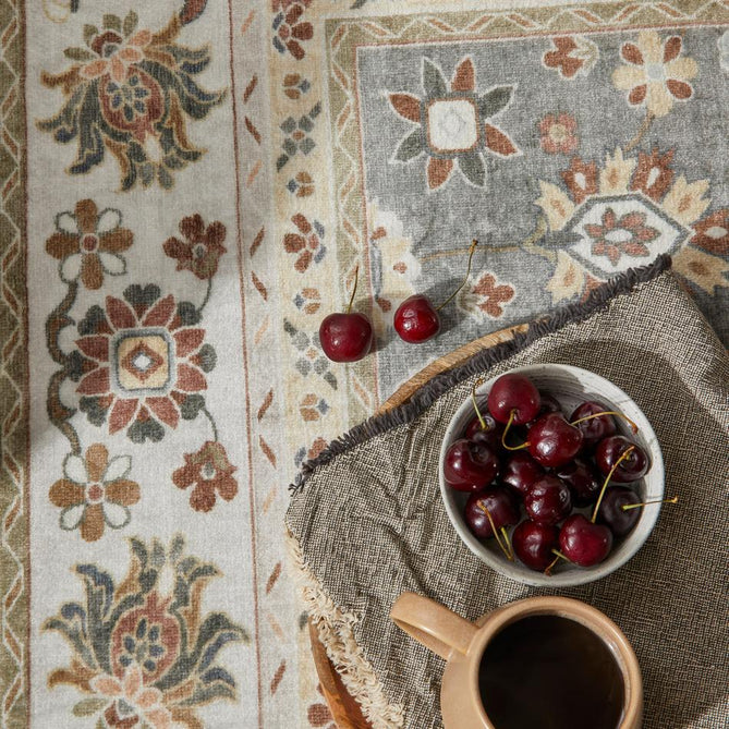 Washable Liberty LIB207 Traditional Distressed Floral Medallion Border Easy-Care Soft Smooth Velvet Touch Polyester Short Pile Flatweave Mocha/Taupe Grey/Cream/Burnt Orange/Muted Green/Rust Red/Light Blue-Grey Rug-Concept Looms-Rug Love - The Most Loved Rug Store
