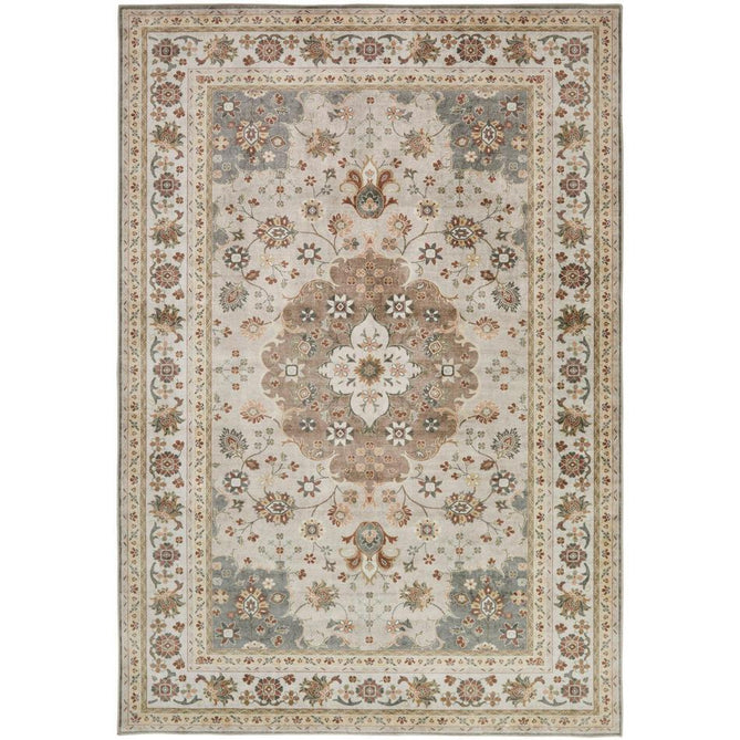 Washable Liberty LIB207 Traditional Distressed Floral Medallion Border Easy-Care Soft Smooth Velvet Touch Polyester Short Pile Flatweave Mocha/Taupe Grey/Cream/Burnt Orange/Muted Green/Rust Red/Light Blue-Grey Rug-Concept Looms-Rug Love - The Most Loved Rug Store