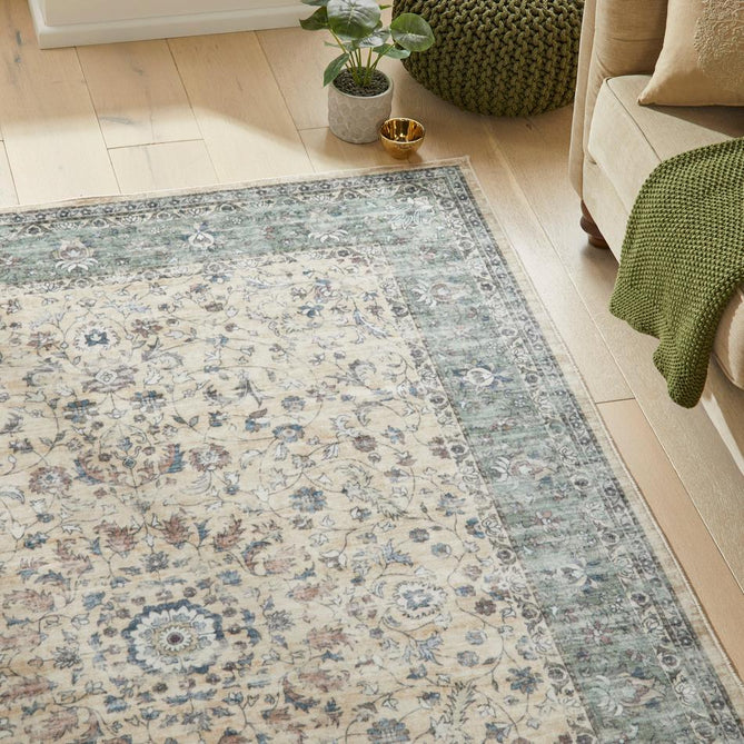 Washable Liberty LIB208 Traditional Distressed Floral Medallion Border Easy-Care Soft Smooth Velvet Touch Polyester Short Pile Flatweave Cream/Sage/Muted Blue/Dusty Rose/Taupe/Charcoal Grey Rug-Concept Looms-Rug Love - The Most Loved Rug Store