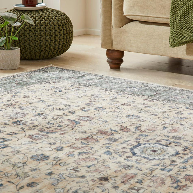 Washable Liberty LIB208 Traditional Distressed Floral Medallion Border Easy-Care Soft Smooth Velvet Touch Polyester Short Pile Flatweave Cream/Sage/Muted Blue/Dusty Rose/Taupe/Charcoal Grey Rug-Concept Looms-Rug Love - The Most Loved Rug Store