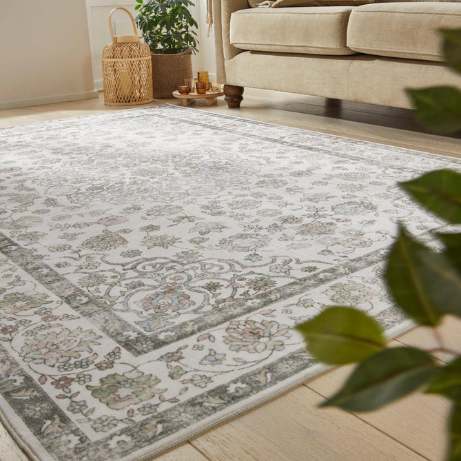 Washable Liberty LIB209 Traditional Distressed Floral Medallion Border Easy-Care Soft Smooth Velvet Touch Polyester Short Pile Flatweave Ivory/Sage/Muted Grey/Blush/Powder Blue/Beige Rug-Concept Looms-Rug Love - The Most Loved Rug Store