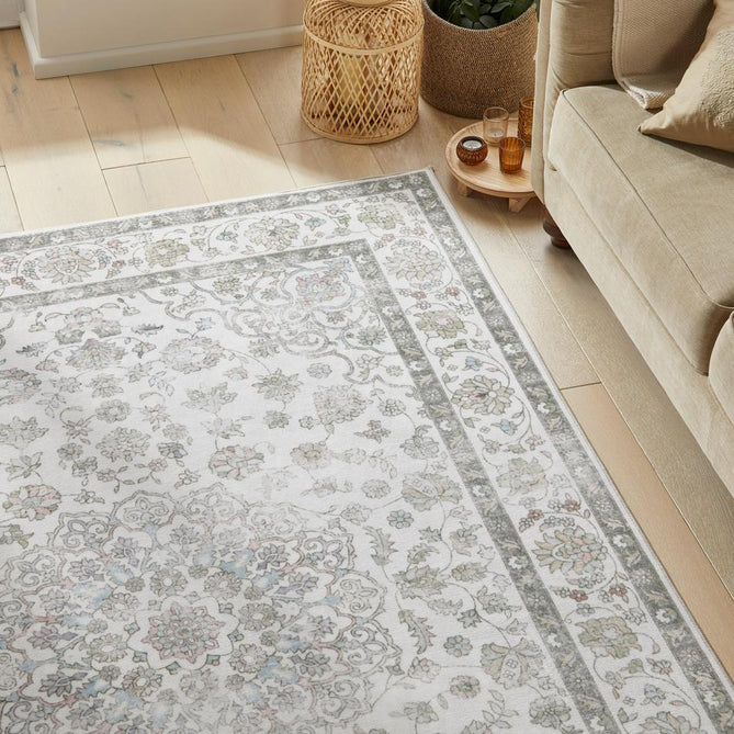 Washable Liberty LIB209 Traditional Distressed Floral Medallion Border Easy-Care Soft Smooth Velvet Touch Polyester Short Pile Flatweave Ivory/Sage/Muted Grey/Blush/Powder Blue/Beige Rug-Concept Looms-Rug Love - The Most Loved Rug Store