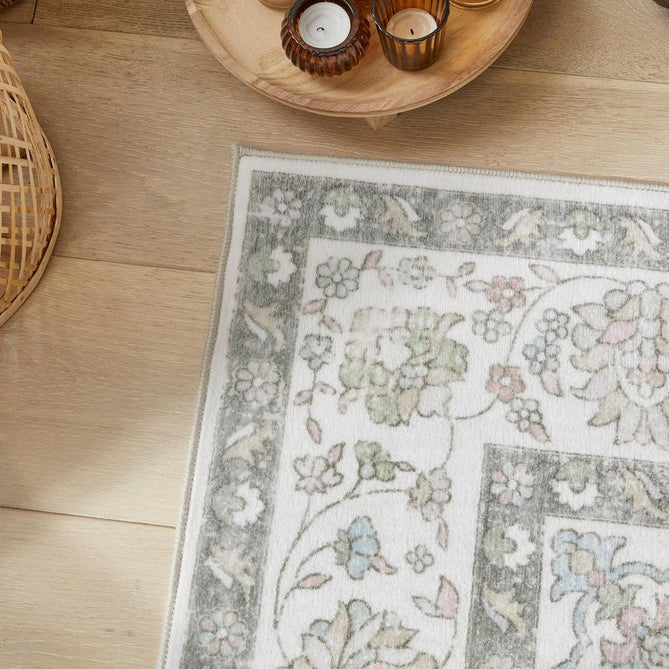 Washable Liberty LIB209 Traditional Distressed Floral Medallion Border Easy-Care Soft Smooth Velvet Touch Polyester Short Pile Flatweave Ivory/Sage/Muted Grey/Blush/Powder Blue/Beige Rug-Concept Looms-Rug Love - The Most Loved Rug Store
