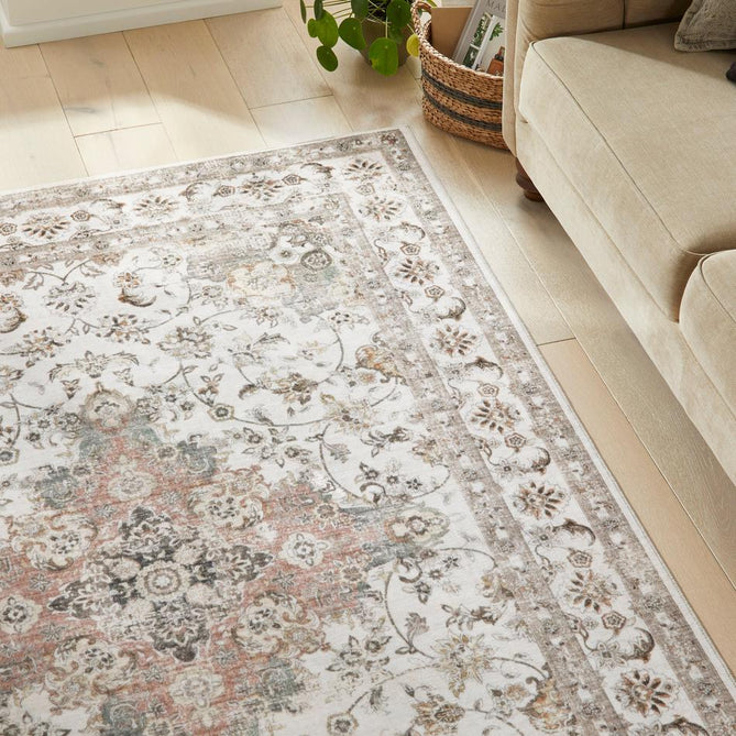 Washable Liberty LIB210 Traditional Distressed Floral Medallion Border Easy-Care Soft Smooth Velvet Touch Polyester Short Pile Flatweave Ivory/Rust/Charcoal/Faded Gold/Sage/Beige Rug-Concept Looms-Rug Love - The Most Loved Rug Store