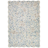 Washable Liberty LIB301 Modern Floral Botanical Scallop Border Easy-Care Soft Smooth Velvet Touch Polyester Short Pile Flatweave Ivory/Blue Rug