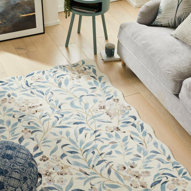 Washable Liberty LIB301 Modern Traditional Floral Botanical Scallop Border Easy-Care Soft Smooth Velvet Touch Polyester Short Pile Flatweave Ivory/Sky Blue/Denim/Taupe/Stone Grey/Soft Gold Rug-Concept Looms-Rug Love - The Most Loved Rug Store