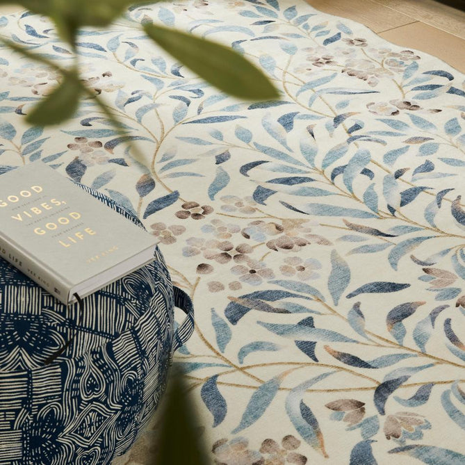 Washable Liberty LIB301 Modern Traditional Floral Botanical Scallop Border Easy-Care Soft Smooth Velvet Touch Polyester Short Pile Flatweave Ivory/Sky Blue/Denim/Taupe/Stone Grey/Soft Gold Rug-Concept Looms-Rug Love - The Most Loved Rug Store