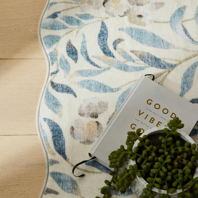 Washable Liberty LIB301 Modern Traditional Floral Botanical Scallop Border Easy-Care Soft Smooth Velvet Touch Polyester Short Pile Flatweave Ivory/Sky Blue/Denim/Taupe/Stone Grey/Soft Gold Rug-Concept Looms-Rug Love - The Most Loved Rug Store