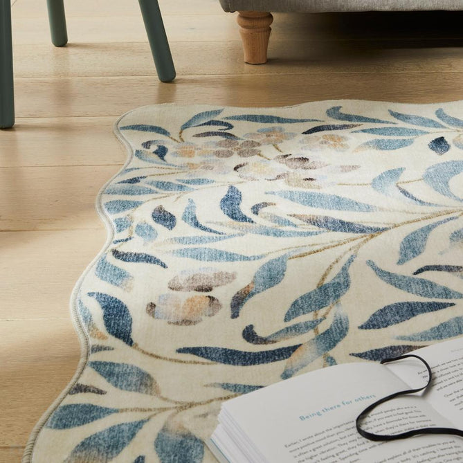 Washable Liberty LIB301 Modern Traditional Floral Botanical Scallop Border Easy-Care Soft Smooth Velvet Touch Polyester Short Pile Flatweave Ivory/Sky Blue/Denim/Taupe/Stone Grey/Soft Gold Rug-Concept Looms-Rug Love - The Most Loved Rug Store