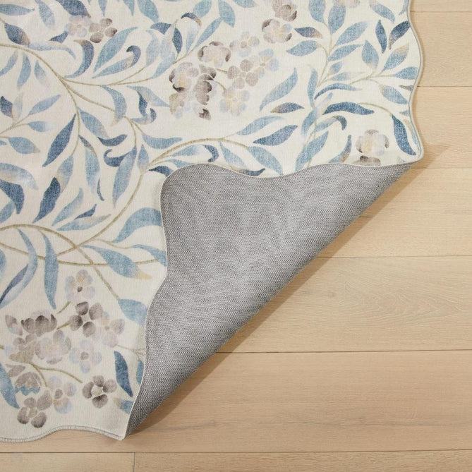 Washable Liberty LIB301 Modern Traditional Floral Botanical Scallop Border Easy-Care Soft Smooth Velvet Touch Polyester Short Pile Flatweave Ivory/Sky Blue/Denim/Taupe/Stone Grey/Soft Gold Rug-Concept Looms-Rug Love - The Most Loved Rug Store