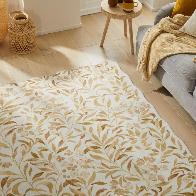 Washable Liberty LIB302 Modern Traditional Floral Botanical Scallop Border Easy-Care Soft Smooth Velvet Touch Polyester Short Pile Flatweave Ivory/Golden Beige/Soft Taupe/Pale Peach/Muted Ochre/Warm Sand Rug-Concept Looms-Rug Love - The Most Loved Rug Store
