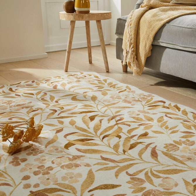 Washable Liberty LIB302 Modern Traditional Floral Botanical Scallop Border Easy-Care Soft Smooth Velvet Touch Polyester Short Pile Flatweave Ivory/Golden Beige/Soft Taupe/Pale Peach/Muted Ochre/Warm Sand Rug-Concept Looms-Rug Love - The Most Loved Rug Store