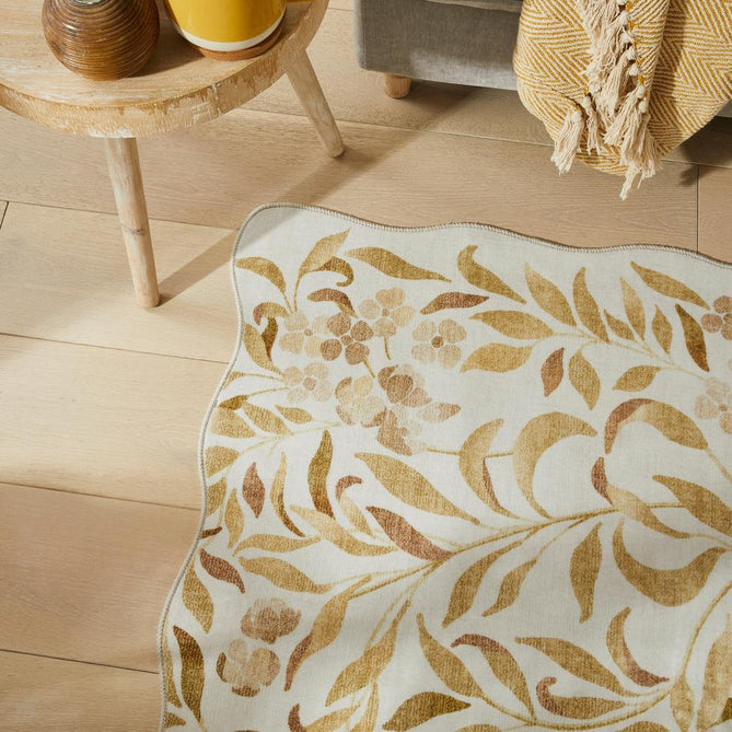 Washable Liberty LIB302 Modern Traditional Floral Botanical Scallop Border Easy-Care Soft Smooth Velvet Touch Polyester Short Pile Flatweave Ivory/Golden Beige/Soft Taupe/Pale Peach/Muted Ochre/Warm Sand Rug-Concept Looms-Rug Love - The Most Loved Rug Store