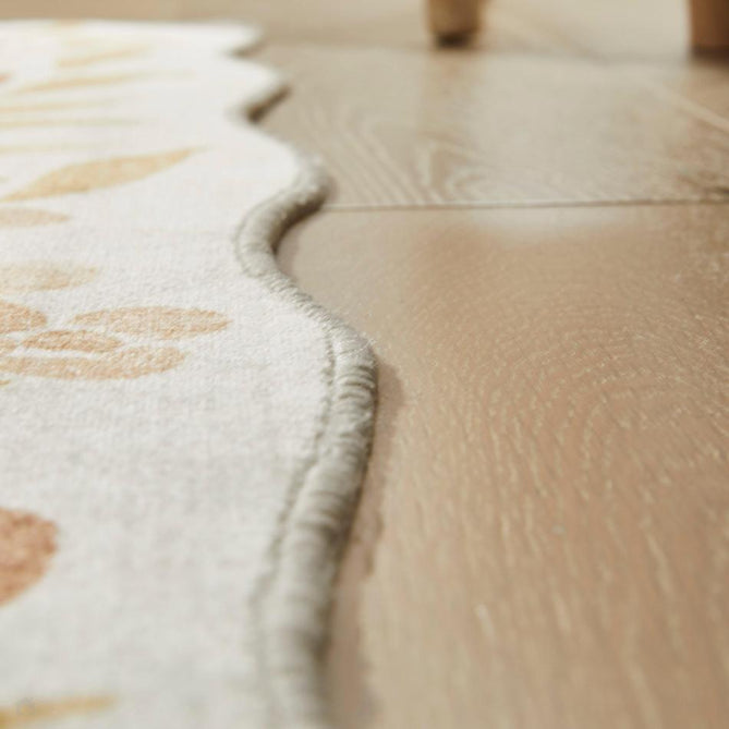 Washable Liberty LIB302 Modern Traditional Floral Botanical Scallop Border Easy-Care Soft Smooth Velvet Touch Polyester Short Pile Flatweave Ivory/Golden Beige/Soft Taupe/Pale Peach/Muted Ochre/Warm Sand Rug-Concept Looms-Rug Love - The Most Loved Rug Store