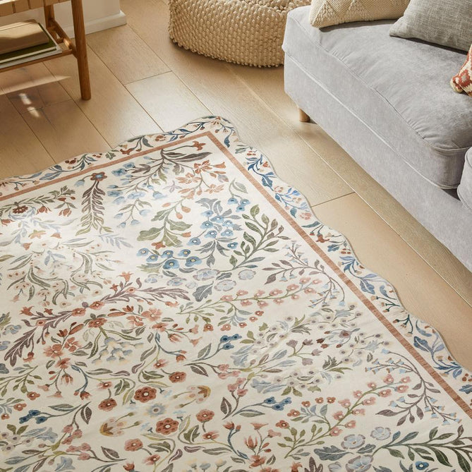 Washable Liberty LIB303 Modern Traditional Floral Botanical Scallop Border Easy-Care Soft Smooth Velvet Touch Polyester Short Pile Flatweave Cream/Terra/Olive/Sky/Pale Pink/Rust Brown/Ochre/Muted Lilac Rug-Concept Looms-Rug Love - The Most Loved Rug Store