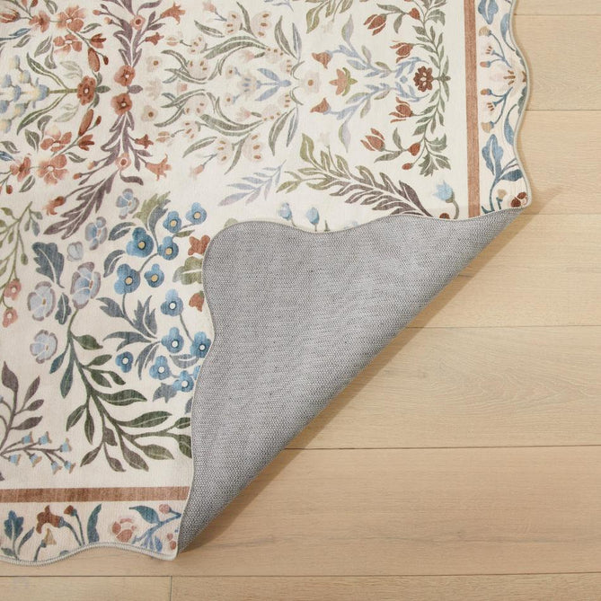 Washable Liberty LIB303 Modern Traditional Floral Botanical Scallop Border Easy-Care Soft Smooth Velvet Touch Polyester Short Pile Flatweave Cream/Terra/Olive/Sky/Pale Pink/Rust Brown/Ochre/Muted Lilac Rug-Concept Looms-Rug Love - The Most Loved Rug Store
