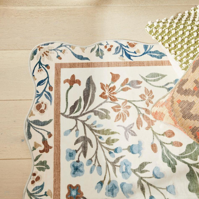 Washable Liberty LIB303 Modern Traditional Floral Botanical Scallop Border Easy-Care Soft Smooth Velvet Touch Polyester Short Pile Flatweave Cream/Terra/Olive/Sky/Pale Pink/Rust Brown/Ochre/Muted Lilac Rug-Concept Looms-Rug Love - The Most Loved Rug Store