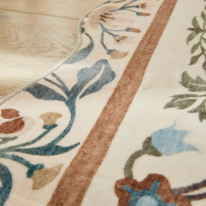 Washable Liberty LIB303 Modern Traditional Floral Botanical Scallop Border Easy-Care Soft Smooth Velvet Touch Polyester Short Pile Flatweave Cream/Terra/Olive/Sky/Pale Pink/Rust Brown/Ochre/Muted Lilac Rug-Concept Looms-Rug Love - The Most Loved Rug Store