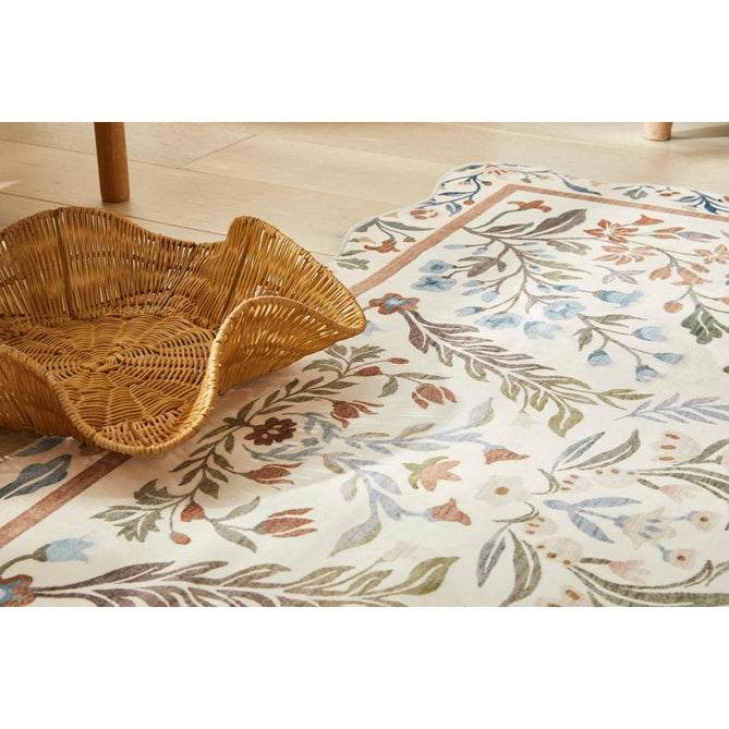Washable Liberty LIB303 Modern Traditional Floral Botanical Scallop Border Easy-Care Soft Smooth Velvet Touch Polyester Short Pile Flatweave Cream/Terra/Olive/Sky/Pale Pink/Rust Brown/Ochre/Muted Lilac Rug-Concept Looms-Rug Love - The Most Loved Rug Store