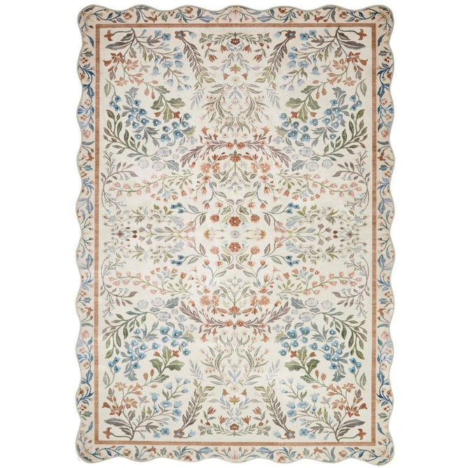Washable Liberty LIB303 Modern Traditional Floral Botanical Scallop Border Easy-Care Soft Smooth Velvet Touch Polyester Short Pile Flatweave Cream/Terra/Olive/Sky/Pale Pink/Rust Brown/Ochre/Muted Lilac Rug-Concept Looms-Rug Love - The Most Loved Rug Store