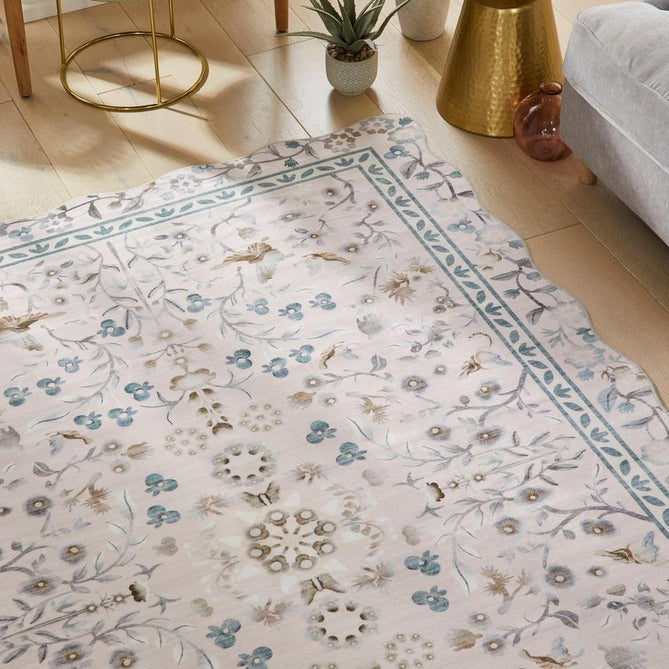 Washable Liberty LIB305 Modern Traditional Floral Botanical Scallop Border Easy-Care Soft Smooth Velvet Touch Polyester Short Pile Flatweave Dusty Pink/Pale Blush/Powder Blue/ Soft Taupe/Pearl White/Muted Sage/Grey Rug-Concept Looms-Rug Love - The Most Loved Rug Store