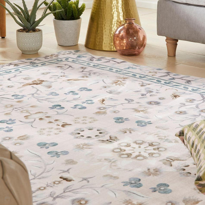 Washable Liberty LIB305 Modern Traditional Floral Botanical Scallop Border Easy-Care Soft Smooth Velvet Touch Polyester Short Pile Flatweave Dusty Pink/Pale Blush/Powder Blue/ Soft Taupe/Pearl White/Muted Sage/Grey Rug-Concept Looms-Rug Love - The Most Loved Rug Store